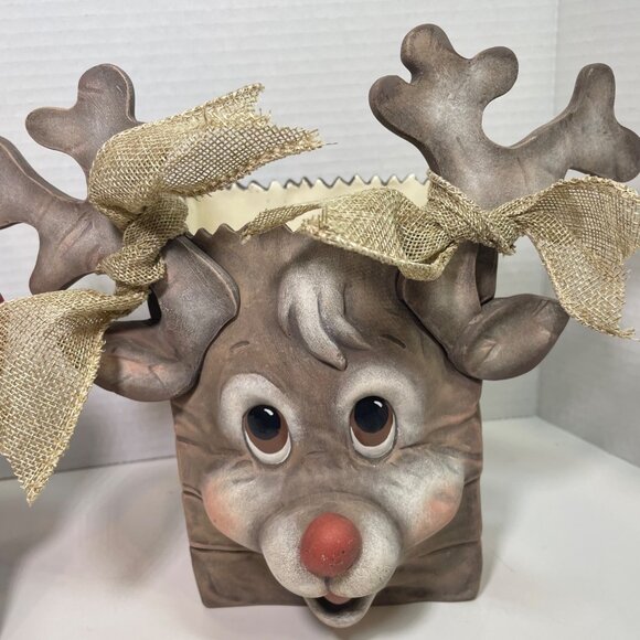 Vintage Handmade and painted Ceramic Santa & Reindeer Decorative Holiday Gift Ba - Picture 3 of 16